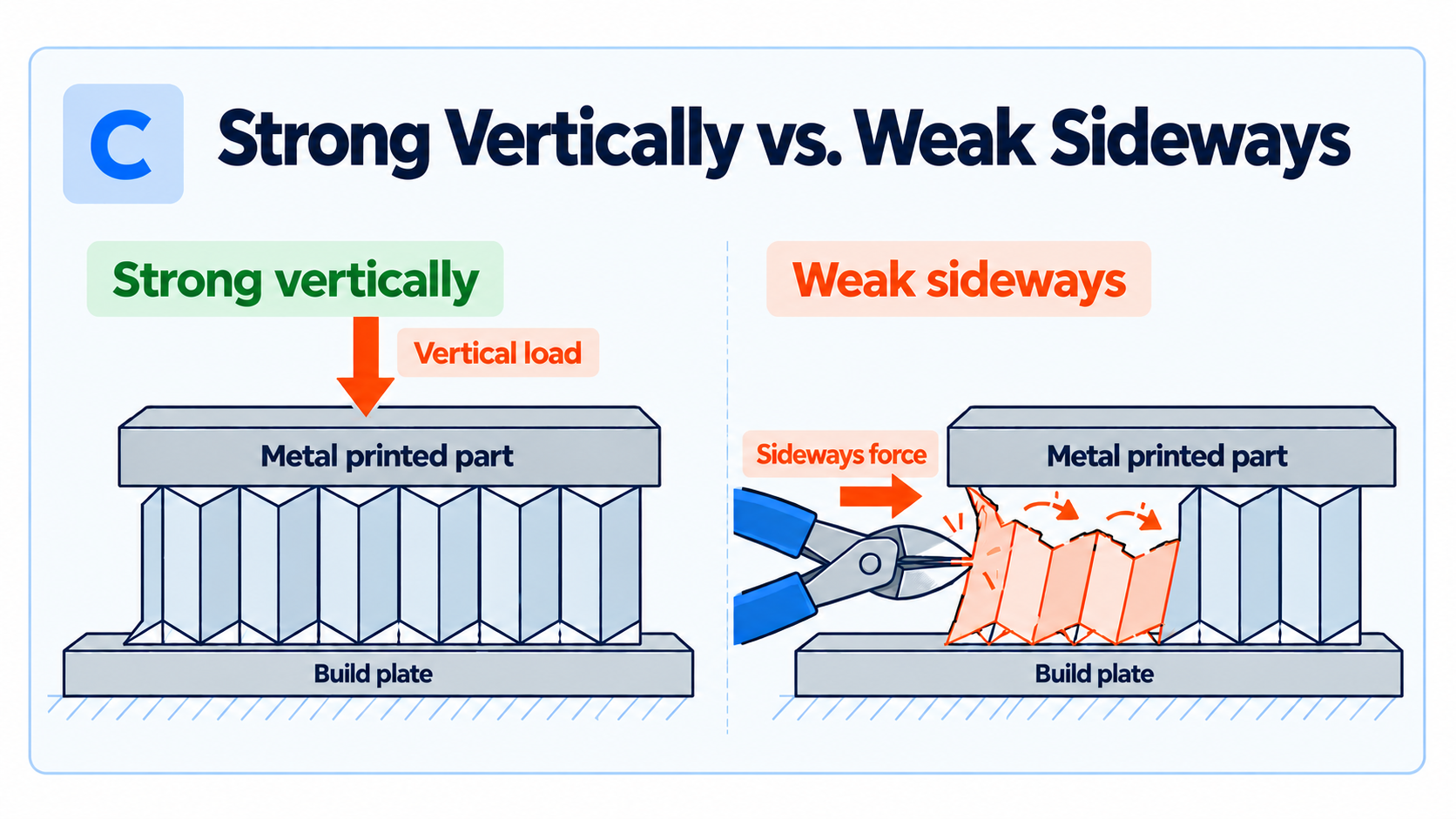 Metal supports that are strong vertically and weak sideways