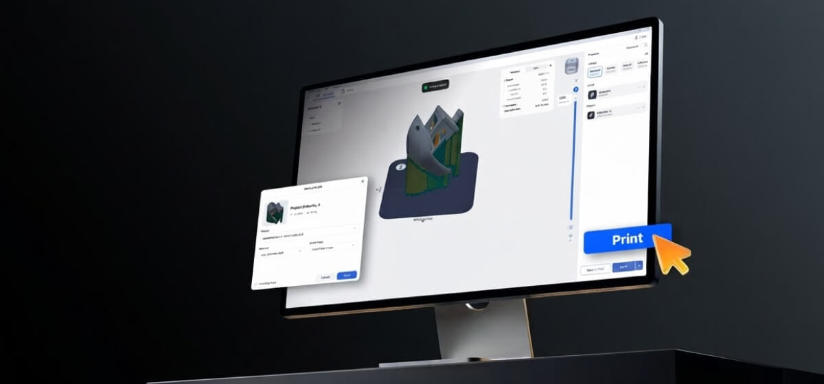 SnowPath software on a monitor with one-click metal 3D printing